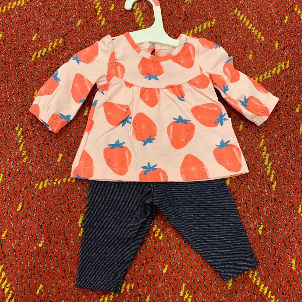 strawberry comfortable pink top with stretch blue leggings. Carter’s NB